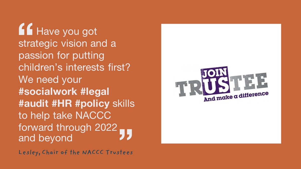Have you got strategic vision and a passion for putting children’s interests first? Your #socialwork #legal #audit #HR #policy skills could be what we need! For more details and to apply goto: naccc.org.uk/current-opport… #trusteerecruitment #giveback
