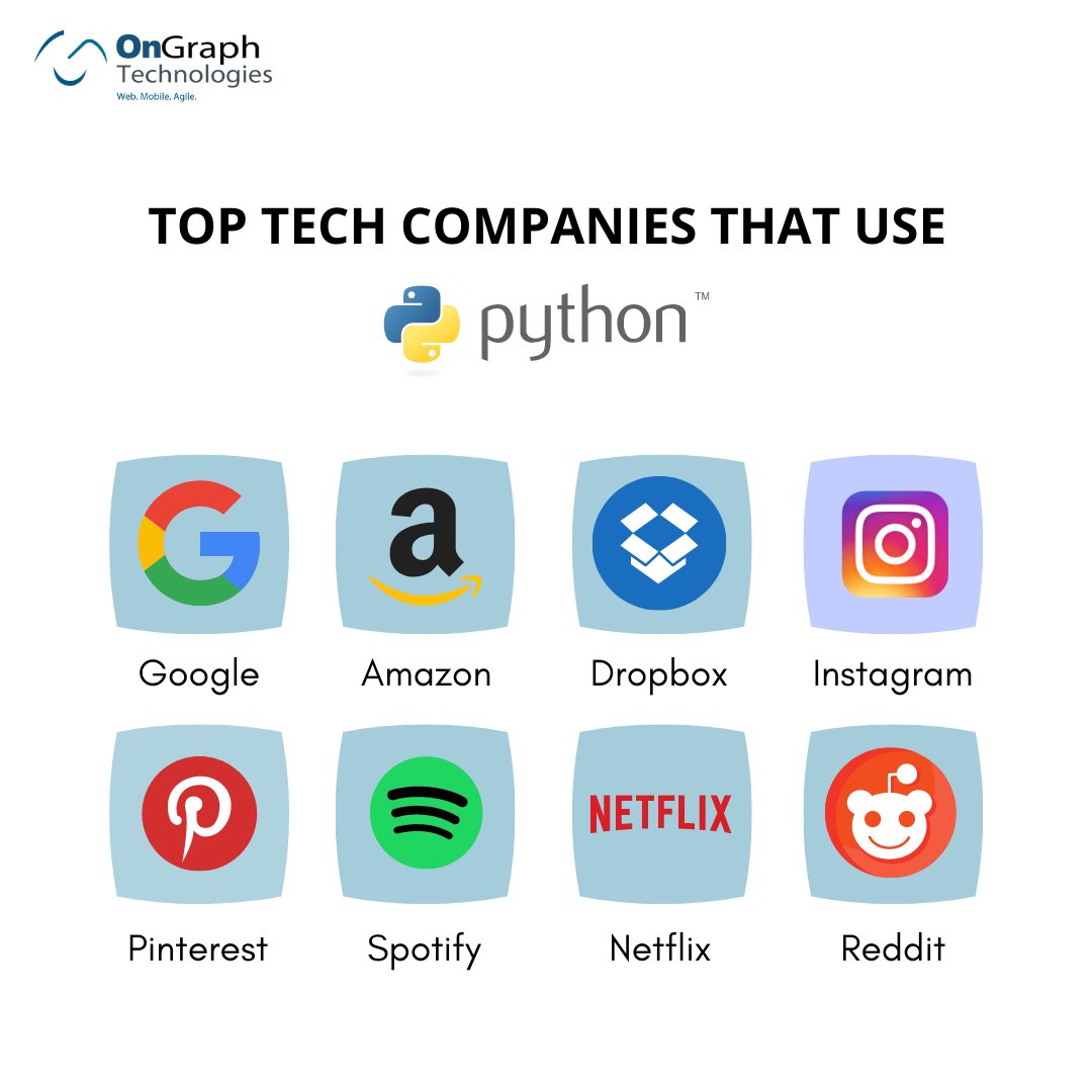 OnGraph's tweet image. Python is the most trending programming language in demand.
If you don't know which tech companies are using Python, then here you go!
Here is the list of the top 8 tech companies that use Python.
#Python #PythonApplications #ProgrammingLanguage #Tech #TechCompanies #OnGraph