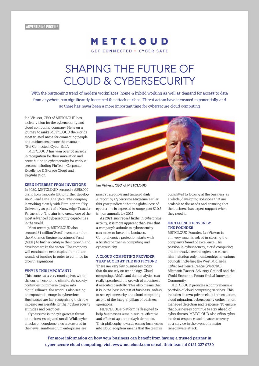 METCLOUD_com's tweet photo. Don't miss our latest feature in Insider magazine - Midlands Business Insider February Issue! 

Find out more here: https://t.co/qihrDVClMQ

#METCLOUD #Innovation #Cloud #cybersecurity https://t.co/4dt7Fpo441