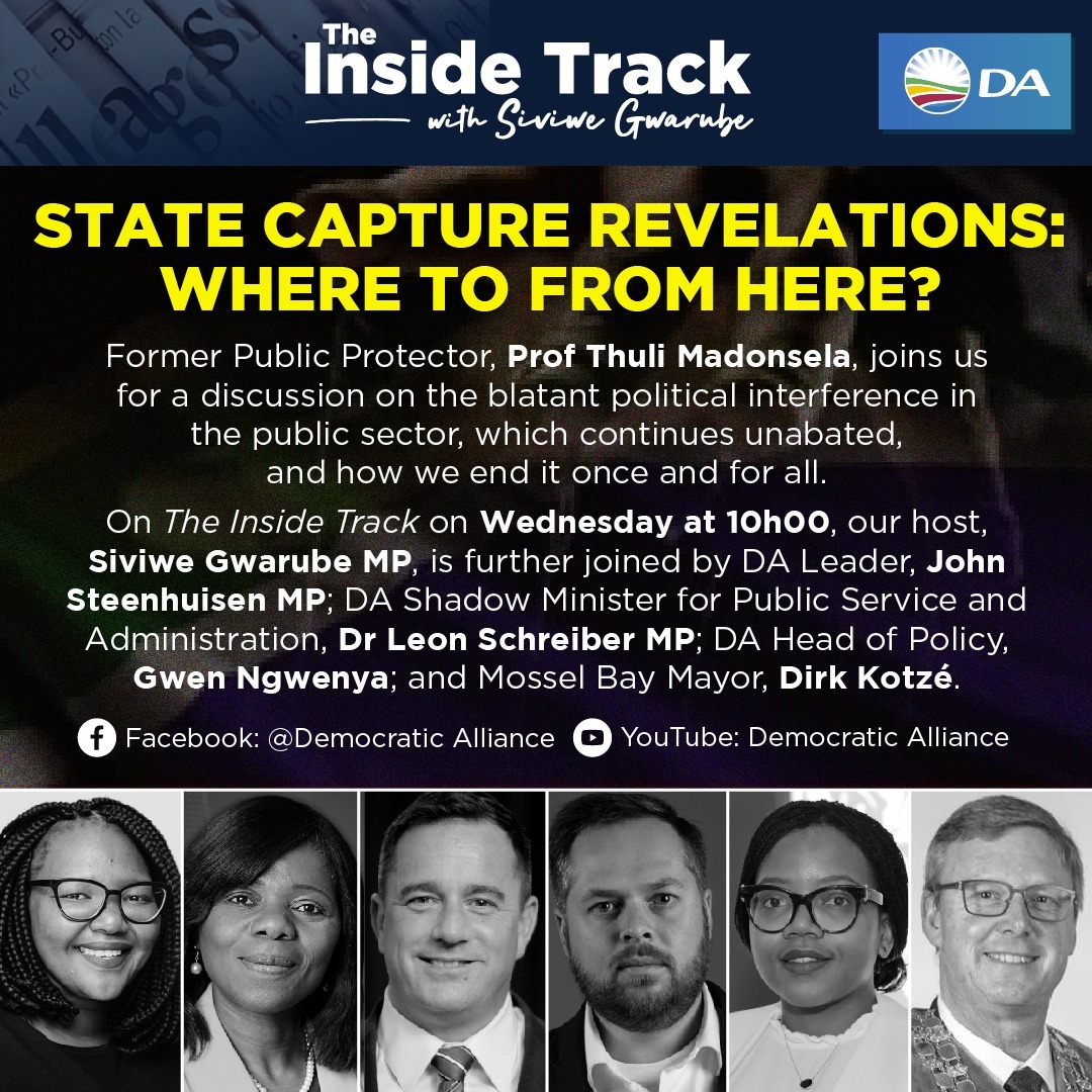 DAFSNews's tweet photo. 🚨 Tomorrow at 10h00, Former Public Protector, Prof Thuli Madonsela, joins us for a discussion on the blatant political interference in the public sector which continues unabated, and how we end it.

Watch it live on the DA's Facebook and YouTube pages:... https://t.co/px8dlTPHoi