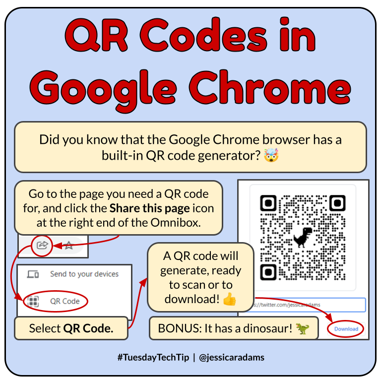 👍 It's time for a #TuesdayTechTip! Generate QR codes  straight from the #GoogleChrome browser! <a href="/GoogleForEdu/">Google for Education</a> <a href="/googlechrome/">Chrome</a>