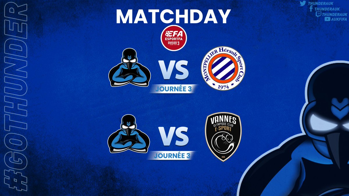 💥 MatchDay 
📅 MARDI 18/01

🏆 ╏ <a href="/eSportFA_FR/">ESPORT FOR ASSOCIATIONS</a> Division 3 ⚽

🆚 ╏ <a href="/MhscPro/">MONTPELLIER HSC PRO CLUB</a> ✈
⏲️ ╏ 22h20

🆚 ╏ <a href="/VOC_officiel/">Vannes Olympique Club</a>  ✈
⏲️ ╏ 22h40

#ESPORTFA22