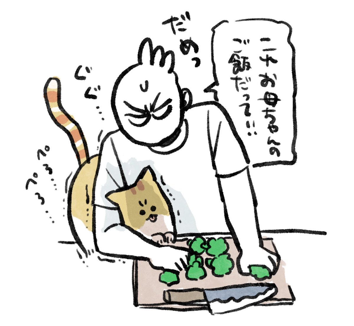 今日の日記です。どうしてもブロッコリーが舐めたい猫と小脇に挟んで阻止しつつ処理を進める飼い主の図 