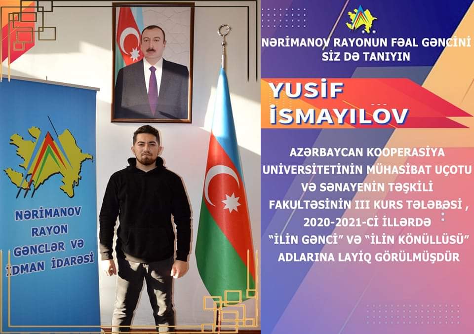 "Azərbaycan Gəncləri gününün 25 illiyi" 
(2 fevral 1997- 2 fevral 2022) münasibətilə fəal gənclərimizi tanıtma layihəsi.

Nərimanov rayonunun fəal gənclərini siz də tanıyın.

Yusif İsmayılov

#Gəncimizitanıyaq
