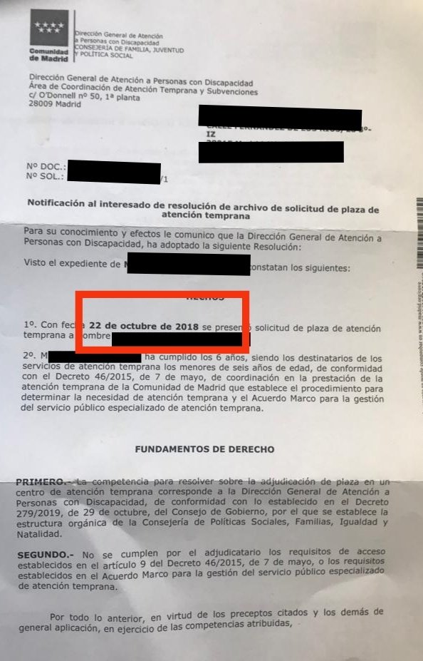 Los padres de M. presentaron una solicitud de acceso a plaza en la red pública de atención temprana de Madrid el 22/10/2️⃣0️⃣1️⃣8️⃣ 

M. NUNCA accedió a atención temprana. 

Hace días, más de 4 años después, recibieron esta carta: su hijo ha cumplido 6 años. Su solicitud se archiva.