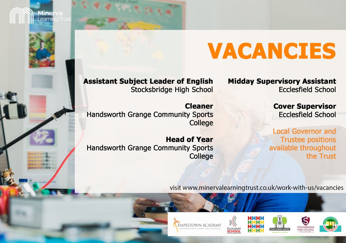 MinervaTrust's tweet photo. Sheffield-based job roles available this week. 

We have a fantastic range of roles available for teaching and support staff. 

Visit our website: https://t.co/wONrs8gQP2 for more details and to download an application form. 

#weareminerva 🧡💙 https://t.co/EHb2FcrX6z