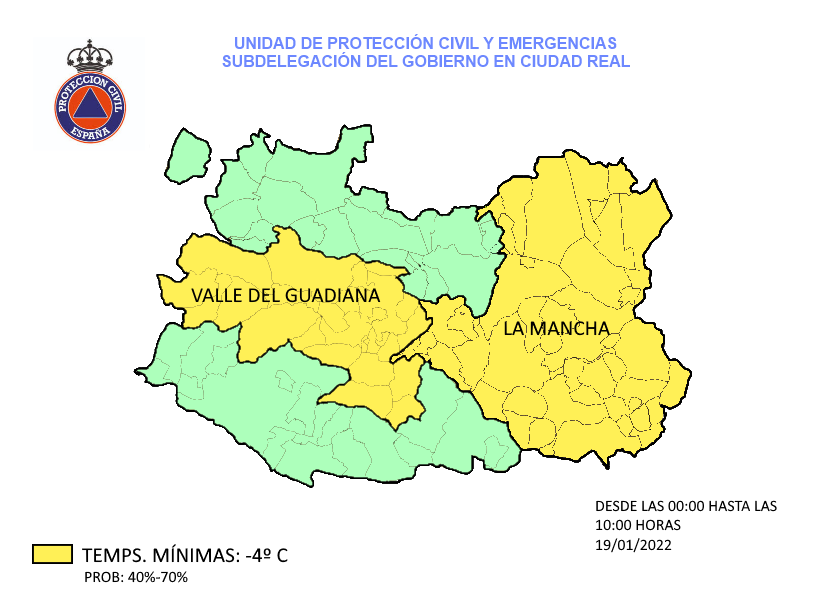 PLCiudadReal092's tweet photo. NIVEL DE ALERTA AMARILLO

TEMPERATURAS MÍNIMAS:   -4 ºC

CIUDAD REAL (LA MANCHA, VALLE DEL GUADIANA).  

DESDE LAS 00:00 HORAS DEL 19/01/2022 
HASTA LAS 10:00 HORAS DEL 19/01/2022
PROBABILIDAD: 40% - 70% https://t.co/RLjDtYILqd