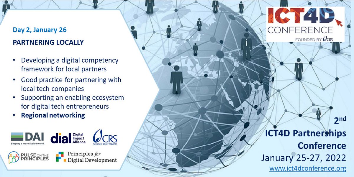 ICT4DConference's tweet image. How are you supporting your partners' digital transformation? Discuss at the 2nd #ICT4D #Partnerships Conference bit.ly/3qrMoRC
REGISTER for FREE to get insights from @DIAL_community, @IREXintl, @ID2020, @Deloitte, @MIT, @Esri, @WeRobotics, @AIfluence, @GSMAm4d, & more!