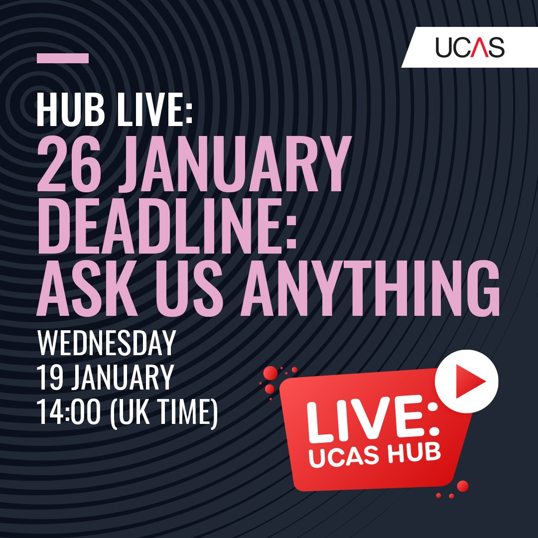 🚨 The 26 January is just around the corner, join our live session and ask us anything about your UCAS application. 

From Personal Statement tips to finding the right uni for you. We'll have it covered.