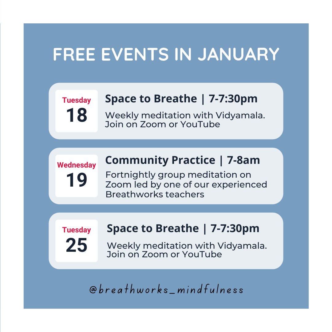 BreathworksMind's tweet photo. Check out our free events in January on our Community of Practice. Sign up (for free!) via this link: https://t.co/stdZ7FKwc0
#meditation #meditatetogether #freemeditations #mindfulnessresources https://t.co/VU2QMsR0Os