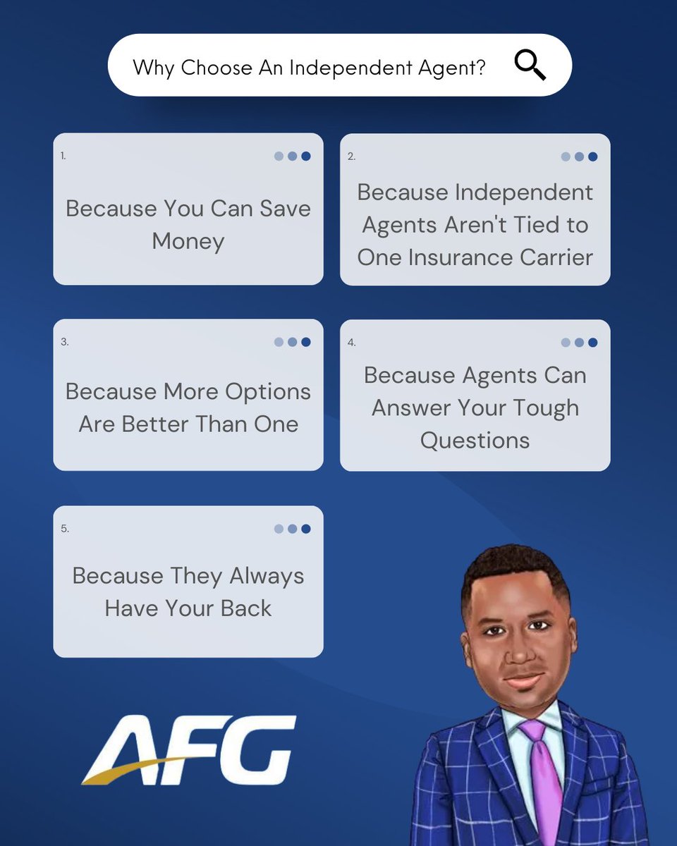 AdionFG's tweet photo. Why Choose an Independent Agent? 💡

Here are five reasons why you should consider choosing an independent agent.

#TuesdayTip #Insurance #InsuranceAgency #Insurance #InsuranceBroker #InsuranceAgent #LifeInsurance #AutoInsurance #HomeInsurance #BusinessInsurance #LTCInsurance https://t.co/xWwrBUeTFr