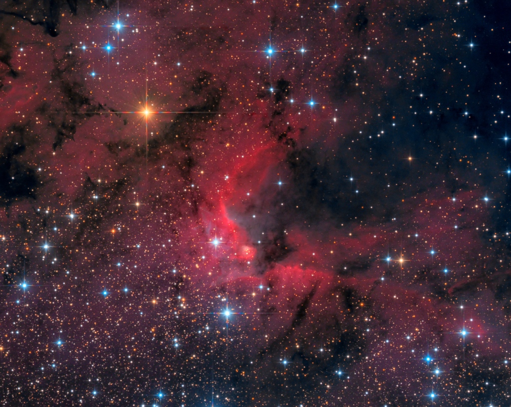 sh2-155 is a diffuse nebula in the constellation Cepheus. It is widely known as the Cave Nebula. Sh2-155 is an ionized H II region with ongoing star formation activity, at an estimated distance of 725 parsecs (2400 light-years) from Earth.

Copyright: Sergiy Vakulenko