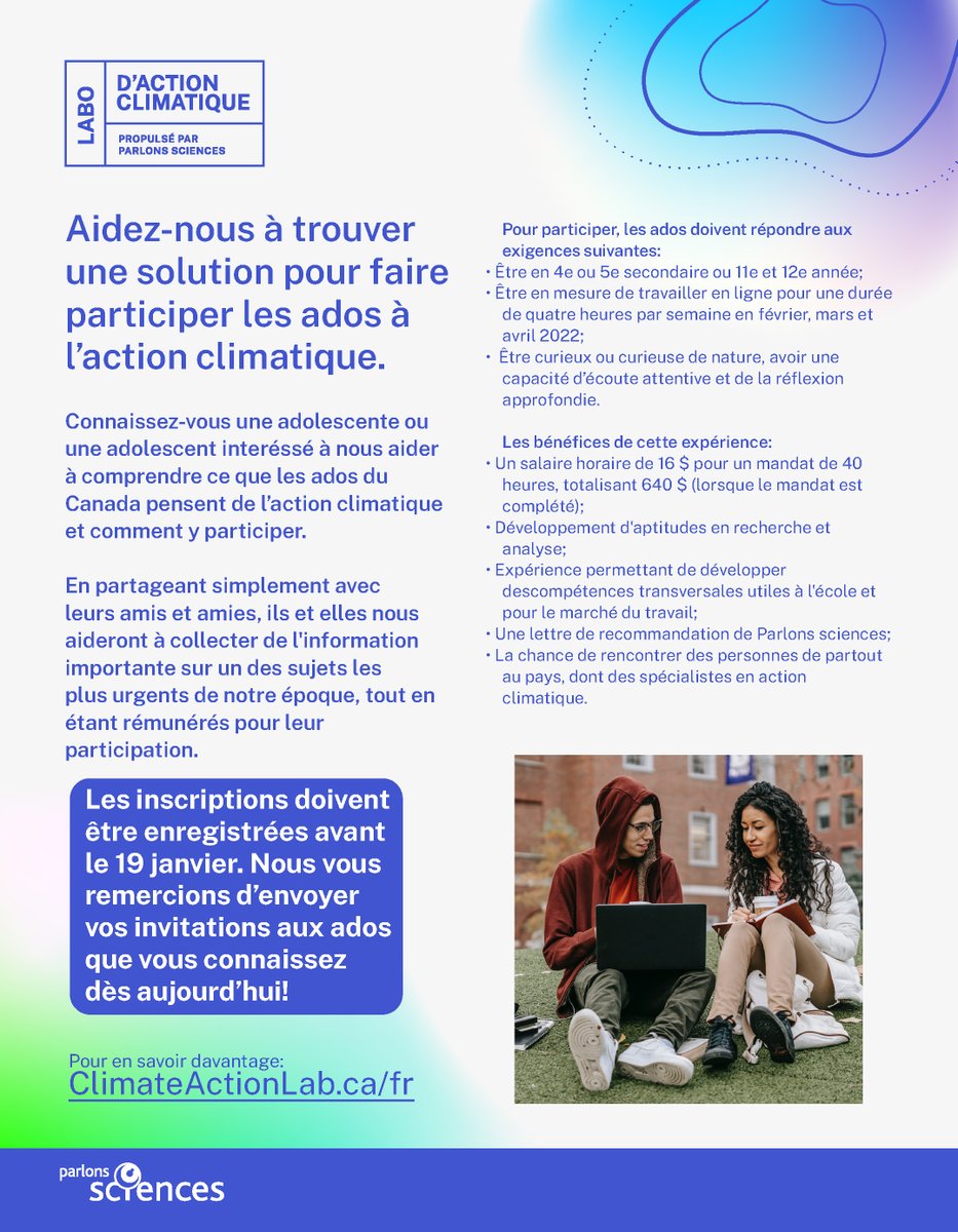 staoapso's tweet photo. Last chance! Know a youth who would be interested in getting paid to help @LetsTalkScience understand how teens across Canada think about and participate in climate action? Application deadline is January 19th! https://t.co/3L70divcp4 #ClimateActionLab #STEM https://t.co/jB3HKl3PDV