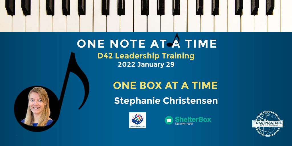 ToastmastersD42's tweet photo. 📣D42 #Toastmasters #LeadershipTraining ONE NOTE AT A TIME Jan 29, 1-4 PM, MST/ 2-5 PM, CST
Key🎵 speaker @ShelterBoxCan Stephanie Christensen #OneBoxAtATime
✔️Register now https://t.co/Iiwh8ndaEW
#WhereLeadersAreMade #ShelterBox #MasterTheSkill #ProfessionalDevelopment https://t.co/ihAadTVnCM