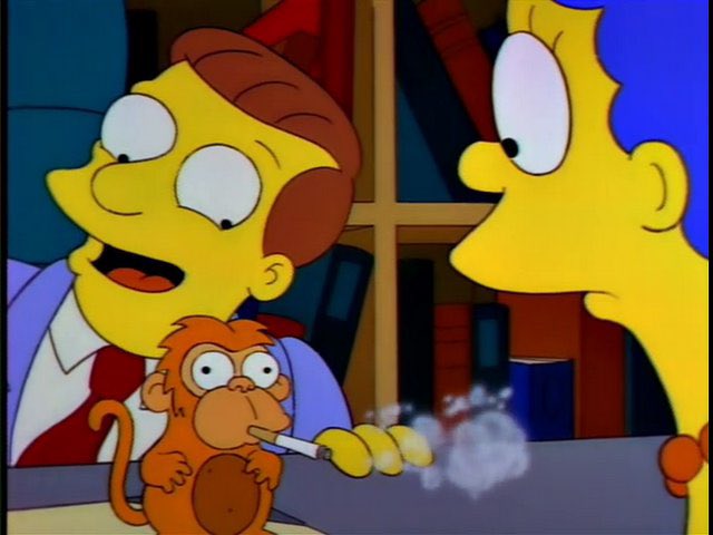 QuotesSimpsons1's tweet photo. Now, Marge, you've come to the right place. By hiring me as your lawyer, you also get this smoking monkey. 

Better cut down there, Smokey!

#Simpsons https://t.co/2axU3WqKHk