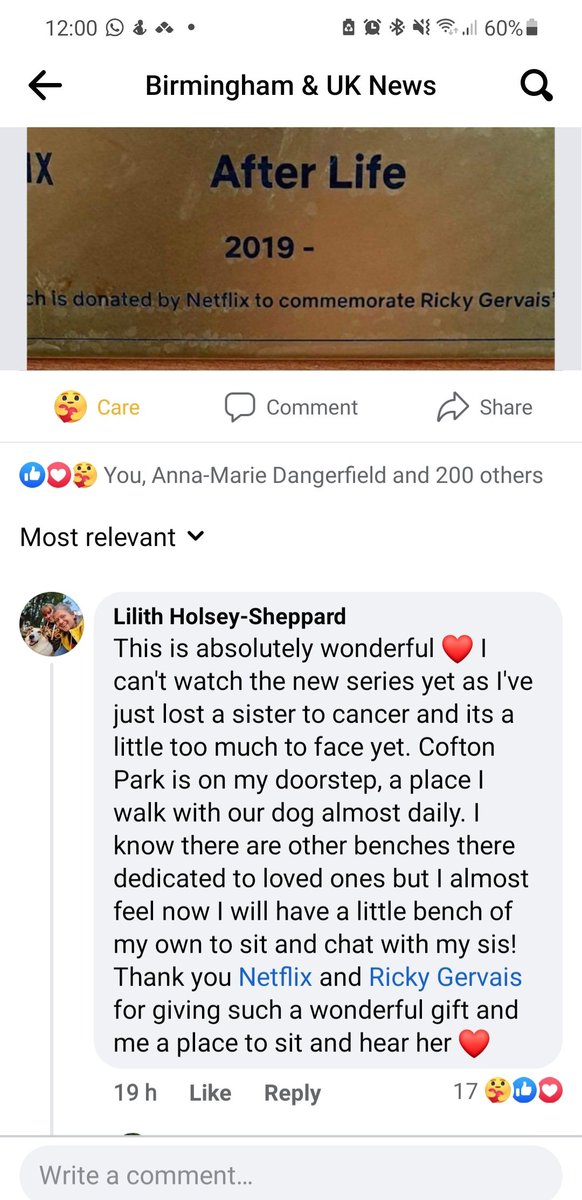 . <a href="/rickygervais/">Ricky Gervais</a> <a href="/netflix/">Netflix</a> thank you so much for donating these benches ❤ after recently loosing my sister to cancer I can't wait the new season yet but this gives me a place near my home to sit and be with her 😥 #thecalmzone