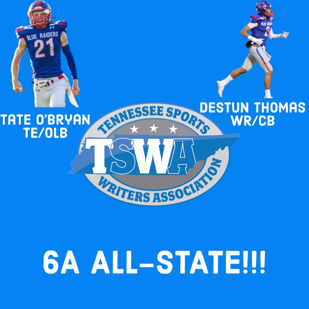 CHSRaidersFBall's tweet photo. As selected by the Tennessee Sports Writers Association, Tate O’Bryan and Destun Thomas have made the ALL-STATE team for 6A!!! The accolades keep rolling in for these to football signees! #unCommon #WhosNEXT https://t.co/CLn8YWNSla