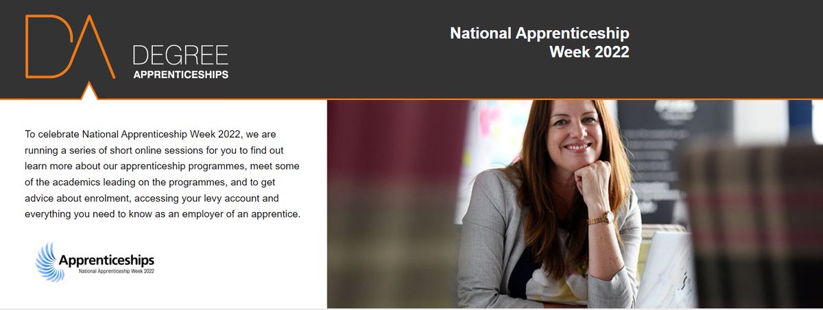 We'll be celebrating National Apprenticeship Week (7-13 Feb) with a series of online info sessions about our Higher &amp; Degree Apprenticeship Programmes. Join us on the 10th for the Learning &amp; Skills Level 5 event. bit.ly/3I9F8Qi 
#naw2022 #apprenticeships #trainthetrainer