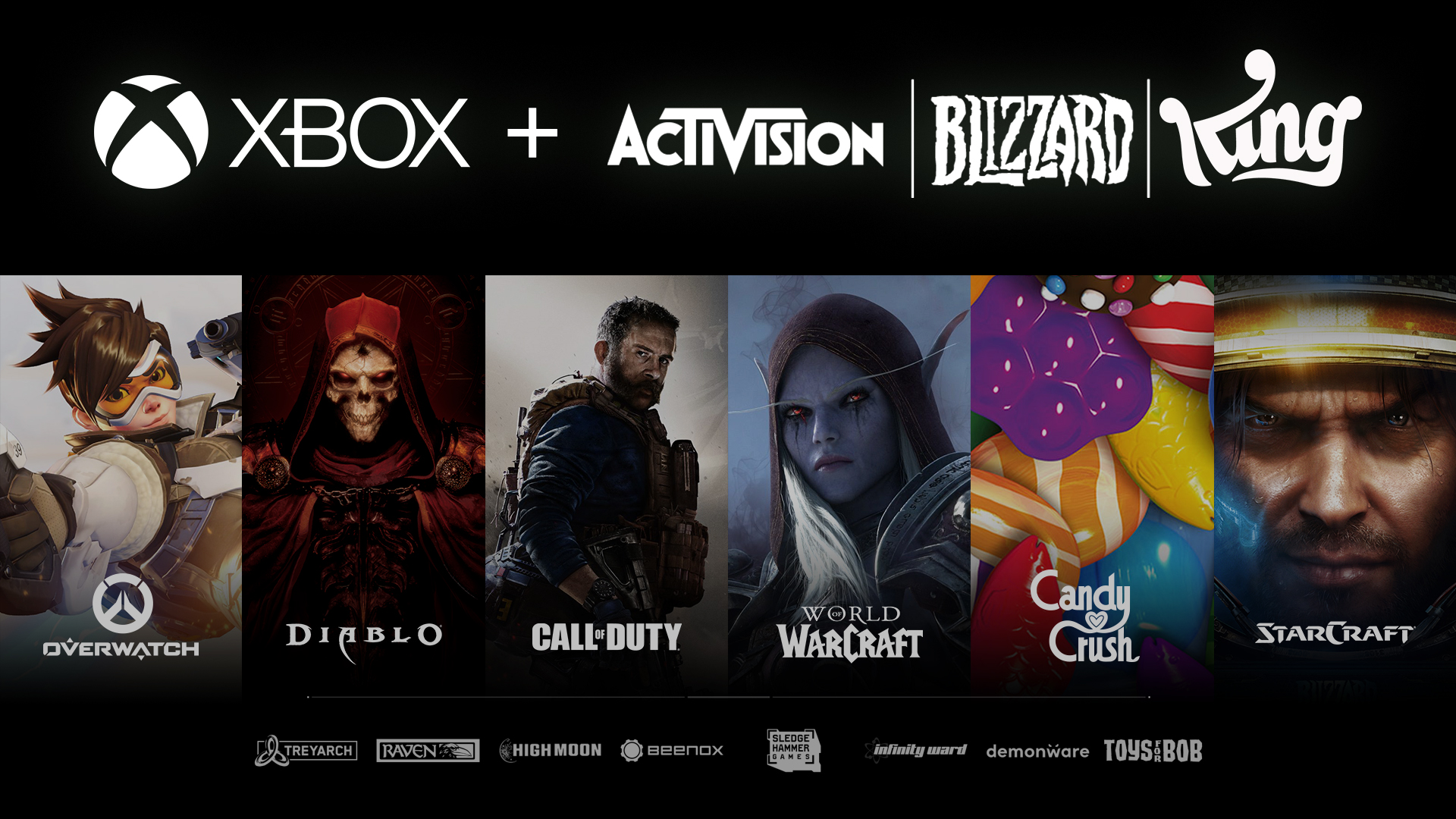 Text of the top of the image Reads “ Xbox + Activision/Blizzard/KING” with cover art from Overwatch, Diablo, Call of Duty, World of Warcraft, Candy Crush, and Starcraft places below. At the very bottom of the image, the logos from the studios Treyarch, Raven, High Moon, Beenox, Sledge Hamer Games, Infinity Ward, Demonware, and Toys for Bob.