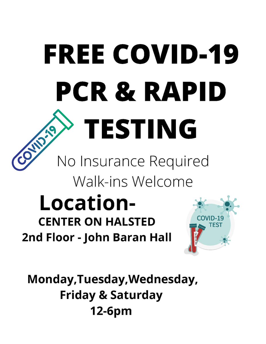CenteronHalsted's tweet photo. Center on Halsted offers free COVID PCR &amp; rapid testing on-site Mon-Wed, Fri, and Sat, noon to 6 p.m.
3656 N. Halsted - No appointment necessary 
See the Center’s in-building vaccine &amp; mask requirements here. https://t.co/1FeXkUfi8W
#covidtesting #covidtest #freecovidtesting https://t.co/7vBl10MmOr