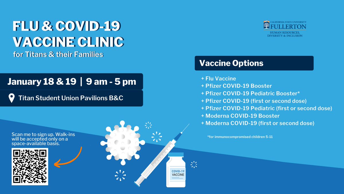 csufhrdi's tweet photo. Happening now! Slots are still open – sign up for the @csuf COVID-19 & Flu Vaccine Clinic for Titans and their families on Jan. 18 & 19, in the TSU-Pavilions B & C, from 9 am-5 pm. Sign up to receive your vaccine(s). Walk-ins accepted on a space-available basis. #CSUFCovid19 https://t.co/CCgcHTGP7d