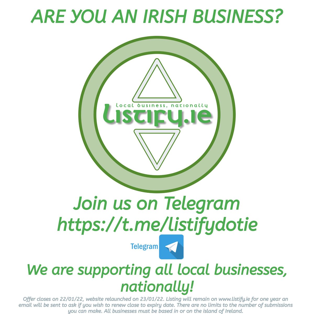 We hope that we can relaunch our website before the end of the week..., ❤️

We're super excited about being able to assist #SmallBusiness in Ireland and look forward to working with you. Join us on #Telegram 
t.me/listifydotie
Sign up free on listify.ie