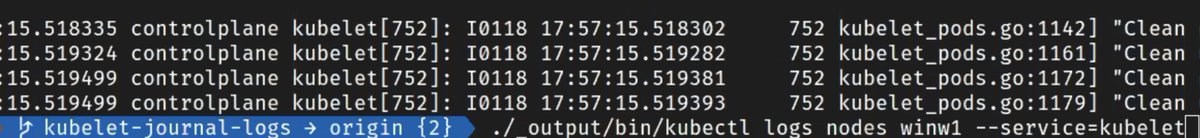 jayunit100's tweet photo. We  got to look at multi OS "kubectl logs nodes" operation  from our @openshift friends today  using https://t.co/uT1faEs3pv as the substrate for the multi-OS cluster !!! no more "ssh me@kube to see the /var/log/..." https://t.co/geMQ7FKyx4