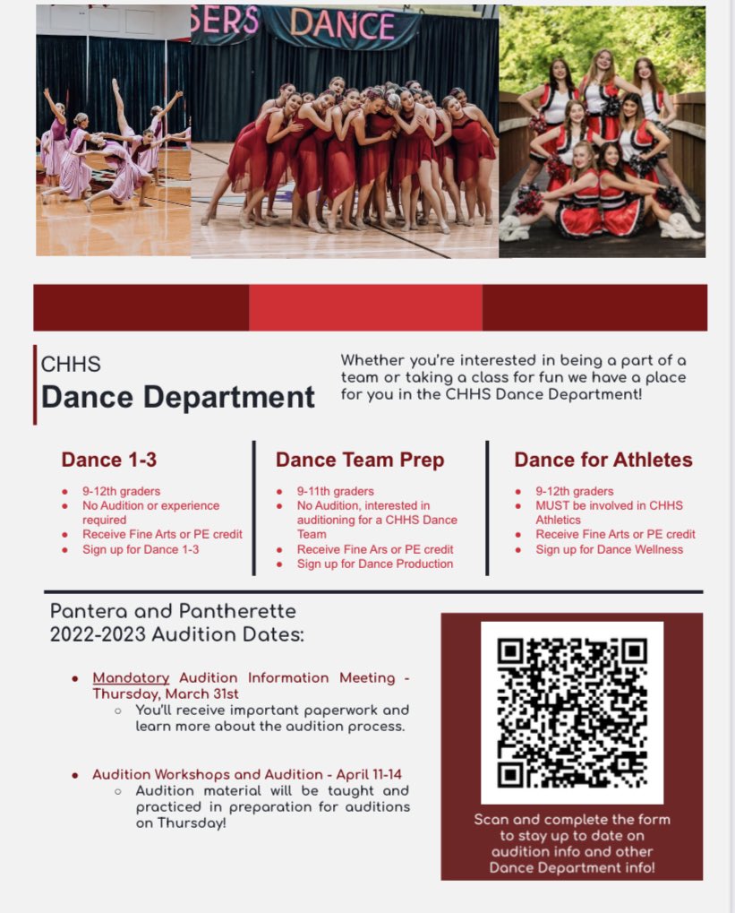 As you build your schedules, there are many opportunities for PE Dance available! We also have Pantera and Pantherette audition dates for 2022-2023!! 🐾❤️
