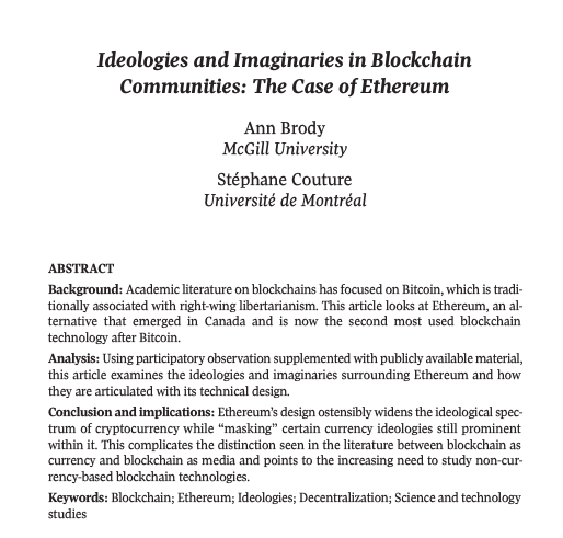 Last year we published a paper that has been hidden behind paywalls, the pdf is now available on my website: annbrody.com/assets/files/A…

It is one of the first peer-reviewed academic articles in the field of communications and cultural studies on Ethereum ideologies.