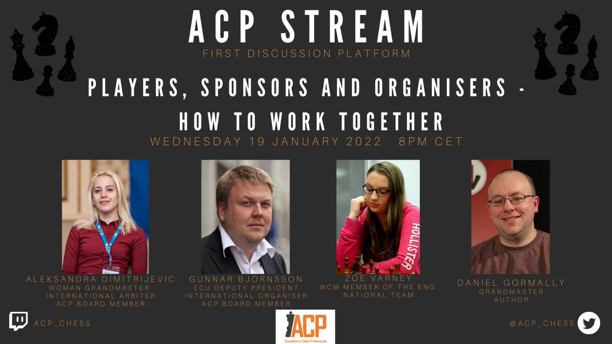 ACP's first stream takes place on Wednesday, 19 January at 8pm CET, where host Zoe Varney, GM Gormally, IO Gunnar Bjornsson and IA Aleksandra Dimitrijevic will discuss the topic of the relationship between players, sponsors and organizers. Make sure you join! Link in the comments