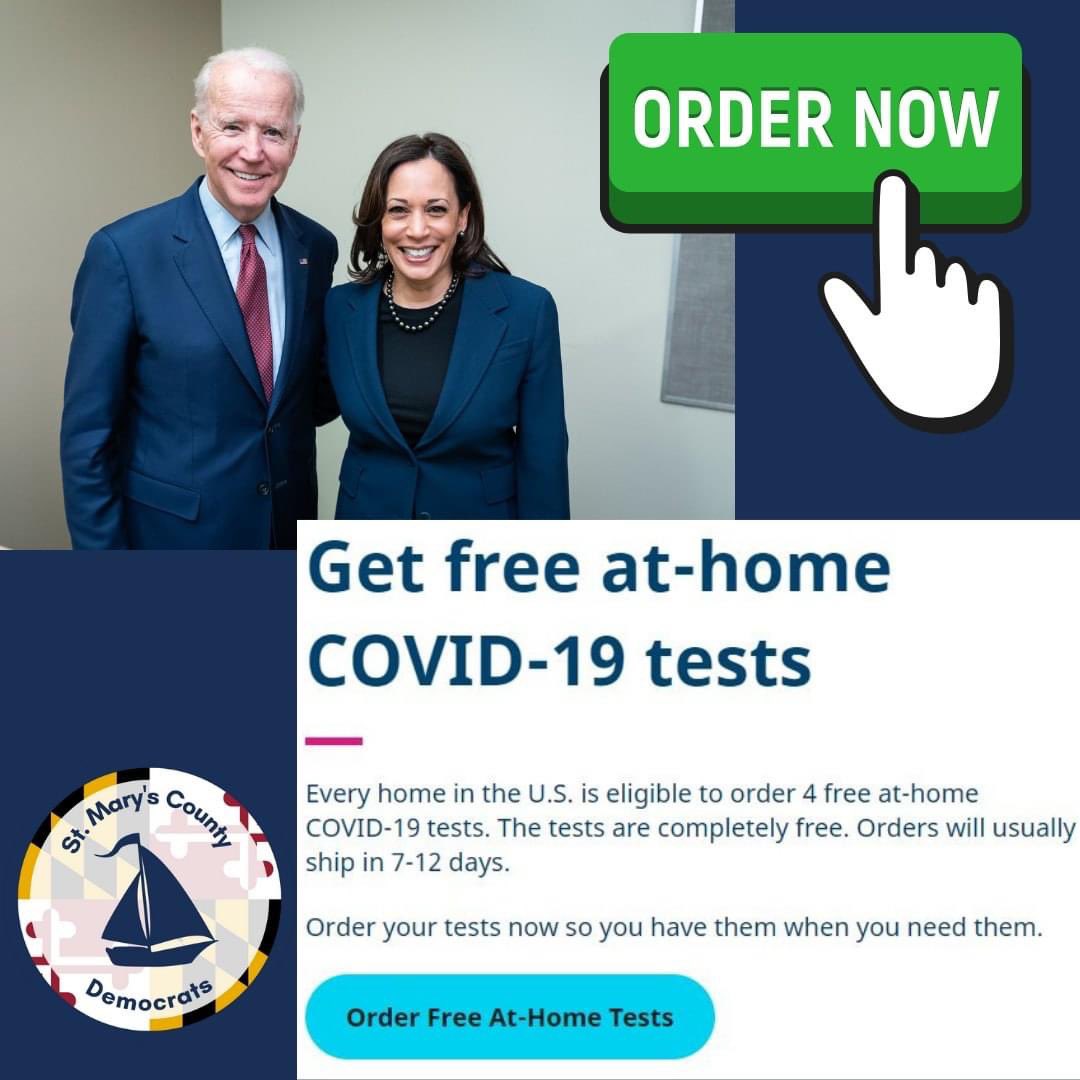 StMarys_Dems's tweet photo. You can now order COVID-19 test kits for home use, thanks to @POTUS Joe Biden and @VP Kamala Harris!
Visit https://t.co/bllf5b0Zl2 to order your 4 test kits today!
#SMCDems https://t.co/CZe04aOdLk