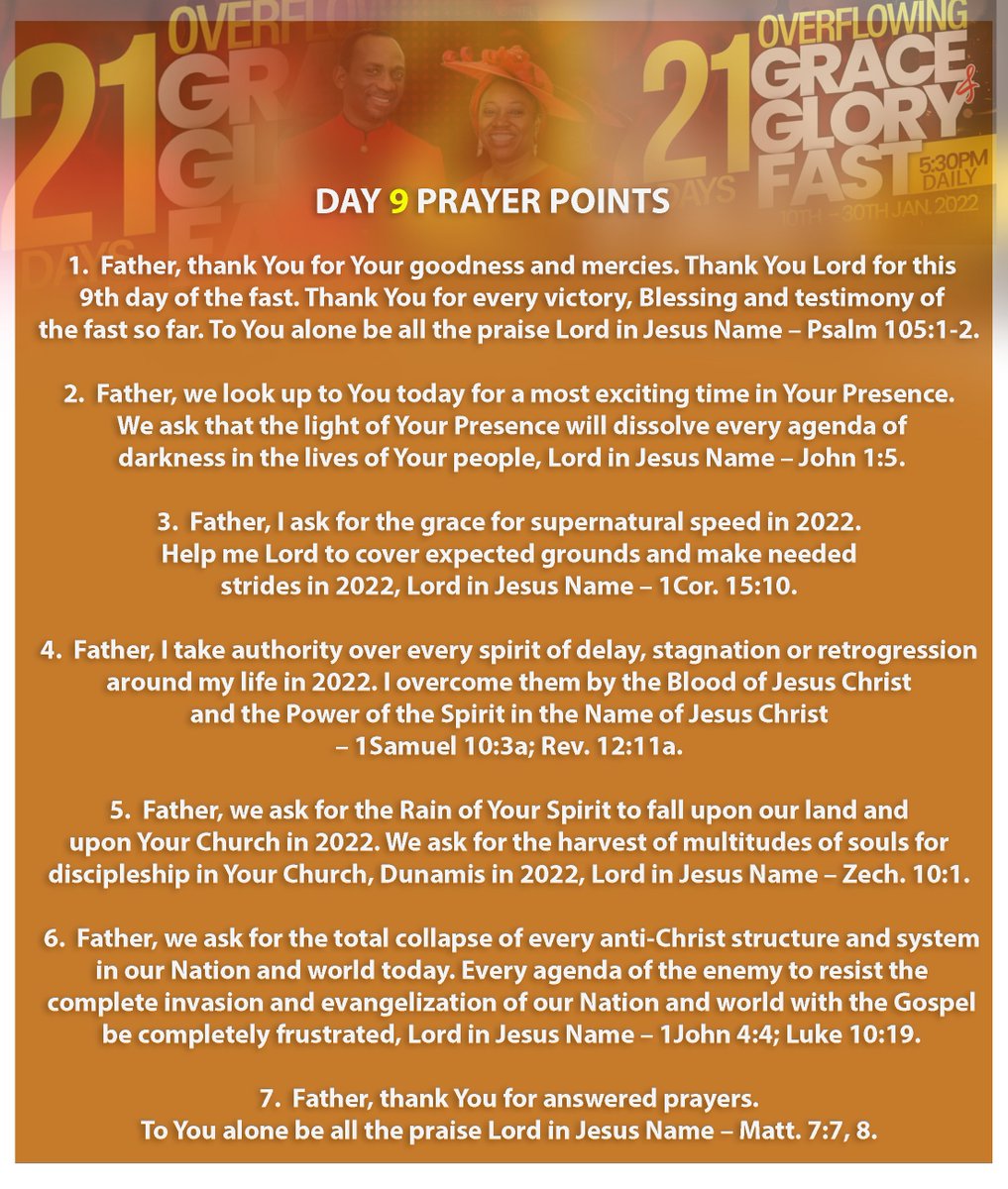 drpaulenenche's tweet photo. #January2022 #2022OverflowingGraceAndGloryFast #Day9 #OurMonthOfDivineDirectionAndVision #OurYearOfOverflowingGraceAndGlory
2022 OVERFLOWING GRACE & GLORY FAST – DAY 9 – TUESDAY 18TH JANUARY 2022
SCRIPTURE: HABAKKUK 2:1-2
TOPIC: SECRETS OF SUPERNATURAL SPEED
By: Dr Paul Enenche https://t.co/pDJ9RMso7n