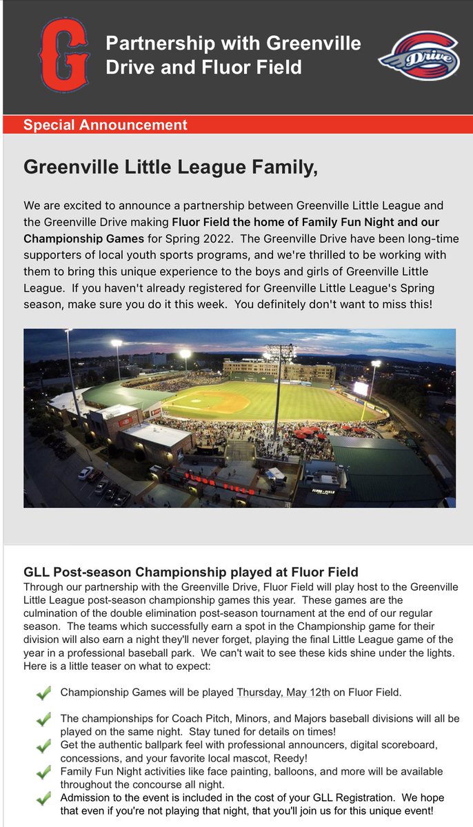 GreenvilleLL's tweet photo. Small text… BIG NEWS from our friends ⁦@GreenvilleDrive⁩ ⚾️🥎 https://t.co/eQOik4xnam
