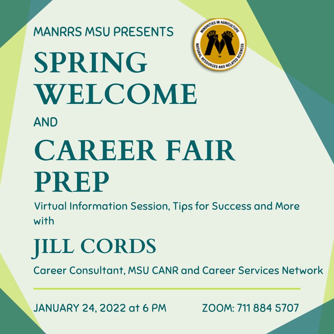 MANRRSMSU's tweet photo. Join us on Jan 24 for our Welcome event, learn more about MANRRS and how YOU can get involved!

Planning to attend the MSU Diversity Career Fair? Get a headstart with our Career Fair Prep session hosted by Jill Cords! See you there 💛🖤

Link: https://t.co/eu9xvkGQfN
Pw: 628069 https://t.co/sYNd3WKXvH