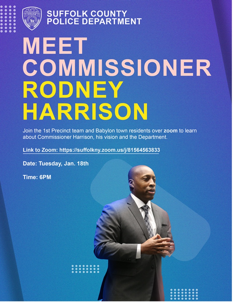 TONIGHT - Join <a href="/SCPDHq/">Suffolk County Police Department</a> over Zoom to learn more about our new Police Commissioner Rodney Harrison, his vision for the department, and more. To participate, visit suffolkny.zoom.us/j/81564563833.