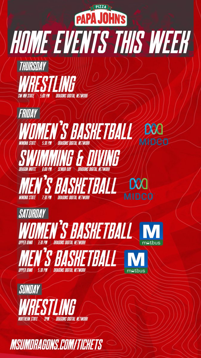 MSUMDragons's tweet photo. 🐉📅 THIS WEEK 📅🐉

Busiest weekend at 🏠 this year with @MSUM_Wrestling, @MSUM_SwimDive, @MSUM_WBB, &amp; @MSUM_MBB all in Nemzek!  6 events in 4 days!

Come to the events https://t.co/tezUUZYLhT or watch the action on the Dragons Digital Network (DDN) at https://t.co/9mkyaybhNN https://t.co/0BTdhZv0o4