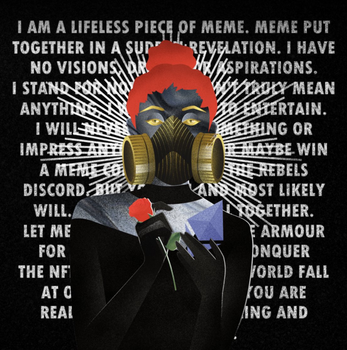 therebelsnft's tweet photo. Did you know that one of our Backgrounds were inspired by the community? 
House of Kalinkin make clothes, in this case - Beanies. We gave them out as prizes for our early believers.
One event was focused on memes, and one of our regulars thought to re-do our merch into a meme. https://t.co/zeTWMwemOa