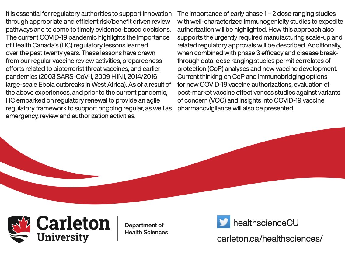 CU Health Sciences (@healthsciencecu) on Twitter photo Join us this Thursday (Jan 20) at 12:00 for our latest seminar series presentation.
Dr. Dean Smith from <a href="/GovCanHealth/">Health Canada and PHAC</a> will be presenting "Key Scientific and Regulatory Principles that Support Expedited Authorization of COVID-19 Vaccines."
Register:
carleton-ca.zoom.us/meeting/regist… Join us this Thursday (Jan 20) at 12:00 for our latest seminar series presentation.
Dr. Dean Smith from <a href="/GovCanHealth/">Health Canada and PHAC</a> will be presenting "Key Scientific and Regulatory Principles that Support Expedited Authorization of COVID-19 Vaccines."
Register:
carleton-ca.zoom.us/meeting/regist…