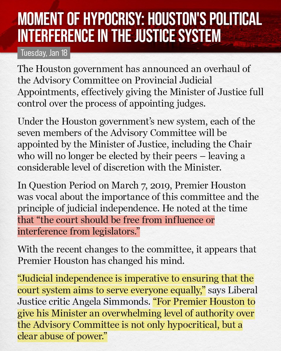 LiberalPartyNS's tweet photo. “Do as I say, not as I do” ⚖️

The Houston government’s new system gives the Justice Minister absolute control over the appointment of Judges, which is, as @Angela4Preston said, “not only hypocritical, but a clear abuse of power.” #nspoli https://t.co/X6QKi9j4a0