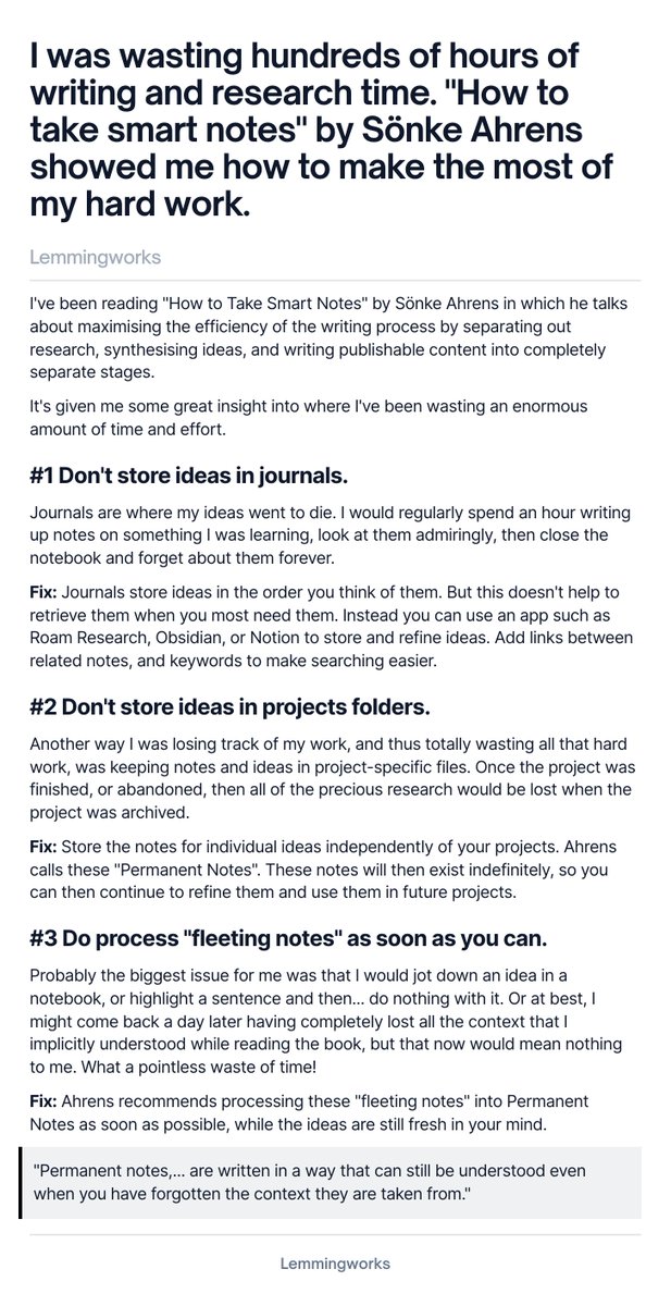 LemmingworksDev's tweet image. I was wasting hundreds of hours of writing and research time. "How to take smart notes" by Sönke Ahrens showed me how to make the most of my hard work.
#Productivity #HowToTakeSmartNotes