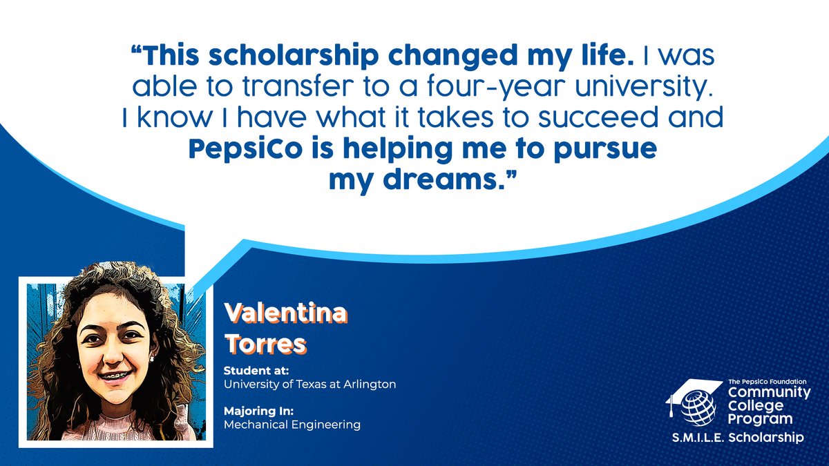 schellekensron's tweet photo. I’m happy to see The @PepsiCo Foundation Community College Program S.M.I.L.E. scholarship making an impact, helping Black &amp; Hispanic students like Valentina Torres pursue higher education. 
Read about the scholarship and Valentina's story here: https://t.co/9TkW3TfCUK https://t.co/kA5JlNZGa2