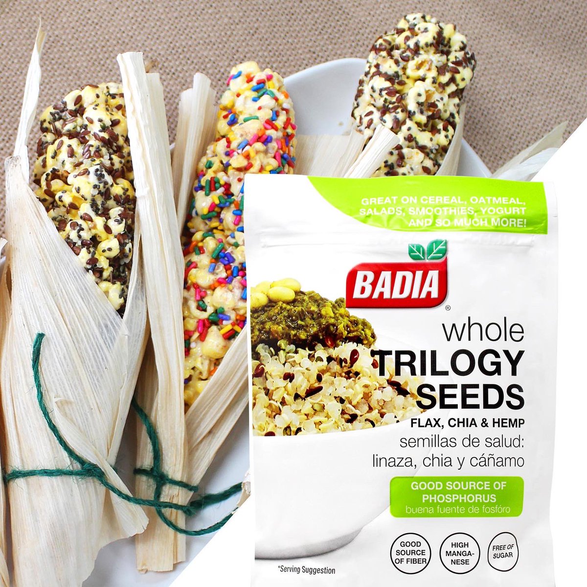 BadiaSpices's tweet photo. A super blend of highly nutritional Flax, Chia & Hemp, Badia’s Whole #TrilogySeeds are ready to give a boost of energy to any smoothie, yogurt, cereal or salad! The product is a good source of Fiber & Free of Sugar. Try it in the Popcorn on the Cob recipe: https://t.co/g1r5yngihI https://t.co/G5s3WFFJcl
