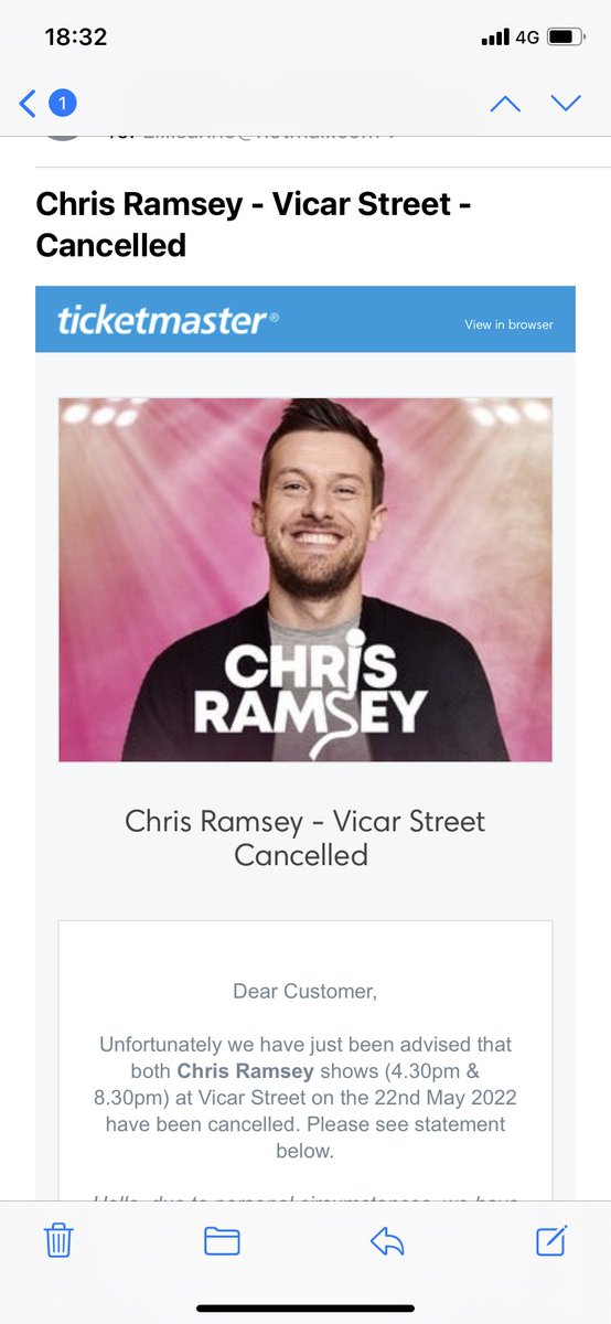Oreillan's tweet photo. Absolutely gutted this show is cancelled! I really wanted to see ⁦@IAmChrisRamsey⁩ live! Please come to Dublin again!! https://t.co/nL7GBBR02B