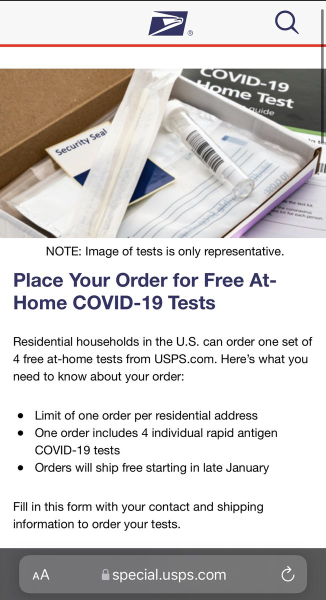emilyrsutton's tweet image. The U.S. government is sending out free at-home Covid tests. 1 pack of 4 per household. I just finished filling out my form - it’s quick and easy. Click here ⬇️

special.usps.com/testkits
