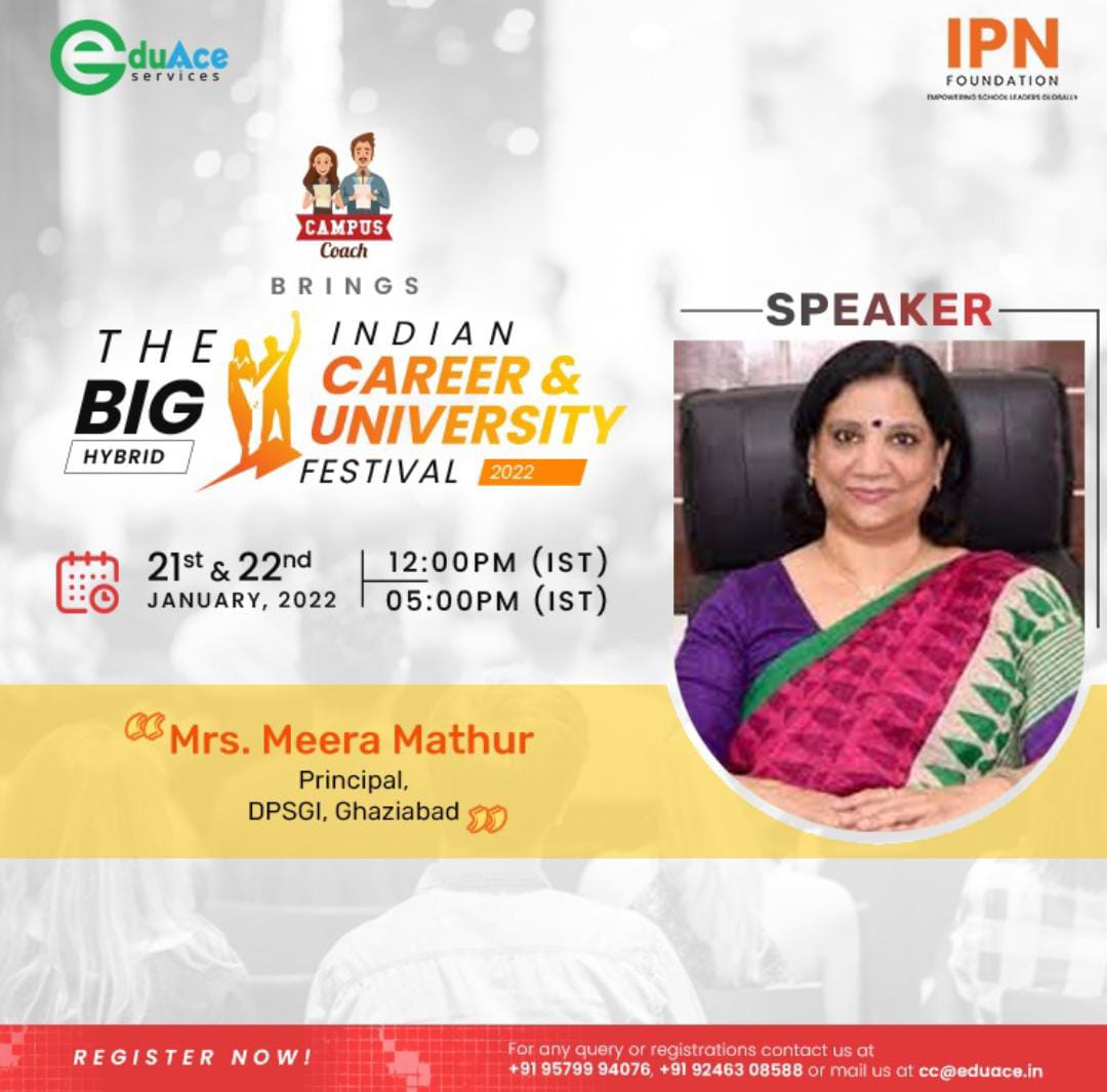 IDpsgI's tweet photo. #WeAreDPSG

We are proud to share that our Principal, Ms. Meera Mathur, an eminent educationist, eloquent speaker and an inspiring mentor has been invited to address a community of parents and students on 21st and 22nd of January 2022 
#dpsginternational
#ipnfoundation https://t.co/Tb9e4bzeGK