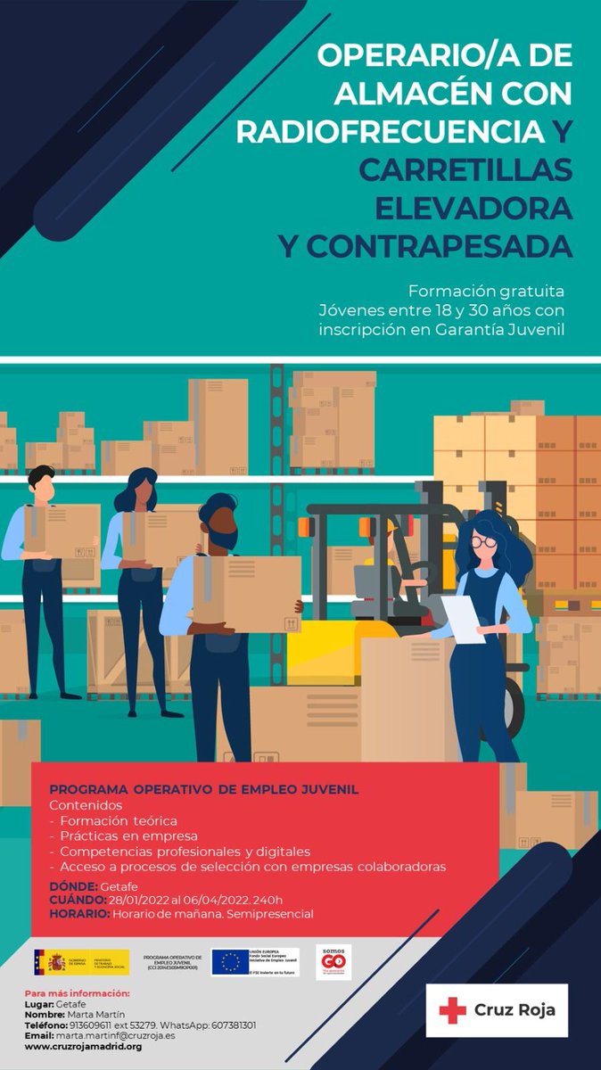 ➡️¿Pensando en formarte para trabajar? 
Te dejamos el primer curso de este año que inicia el 28 de enero de Operario/a de almacén con carretillas y prácticas en empresa.
Si eres menor de 30 años ponte en contacto: marta.martinf@cruzroja.es 
¡Te esperamos!  #cursos #formacion