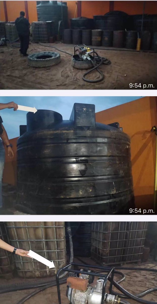 4/5 En el depósito ilegal utilizado para almacenar el combustible robado, encontramos 100 mil litros de gasolina en unos tanques improvisados por esta mafia, así como equipos utilizados para el trasegado, mangueras y motobombas.