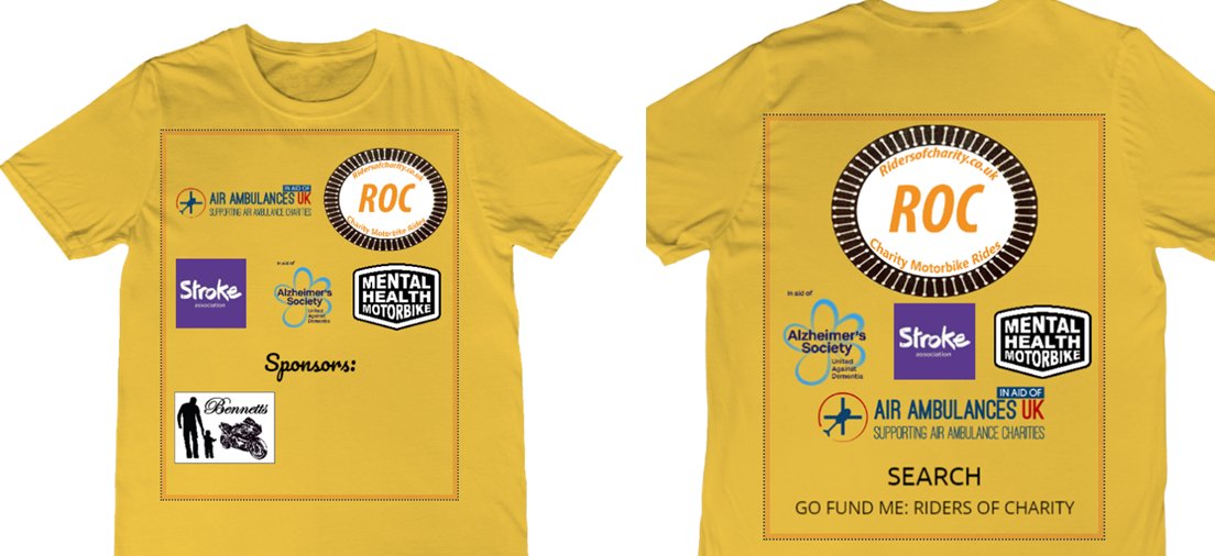 RocRiders's tweet photo. Delighted to announce that the brilliant @tshirtandsons will be providing our official #Charity ride wear, not free of course but a very generous discount.  @alzheimerssoc @AirAmbulancesUK @mhmotorbike &amp; @TheStrokeAssoc as well as our sponsor @bennettsmcsltd @SuperbikeFactor https://t.co/dPwIoKvCMw