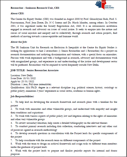 CEStudies's tweet photo. 📢 Centre for Equity Studies is hiring two Research Associates. Please find the details below. 

Interested candidates may apply by 25 January 2022. Details to be up on the CES website soon. https://t.co/rII0u4Nu1t