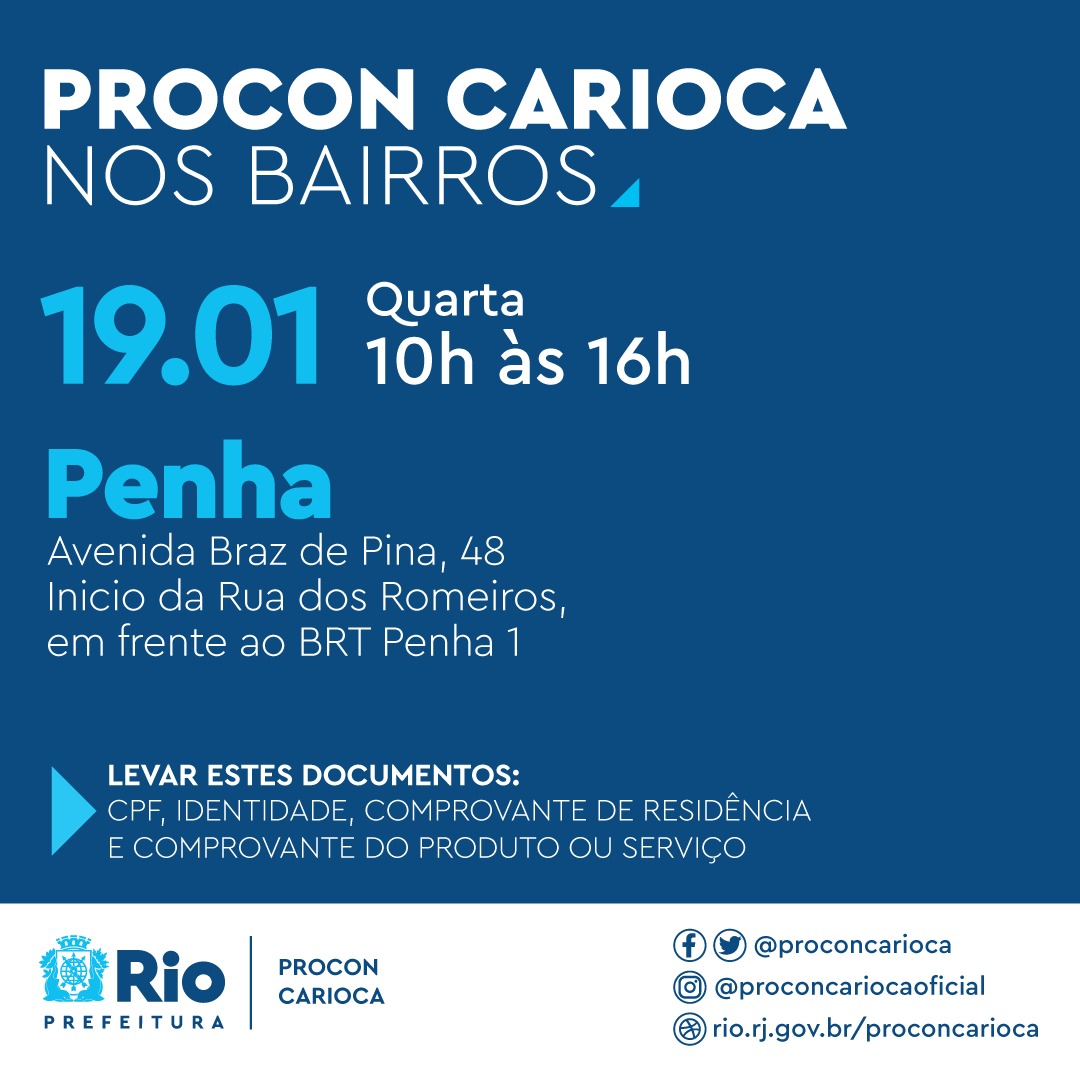 Nesta quarta-feira (19/01) o PROCON CARIOCA estará na Avenida Braz de Pina, na Penha, pertinho do BRT, para  atendimento itinerante à população

Reúna documentação e comprovantes de compras de produtos ou serviços para esclarecer dúvidas, negociar e buscar seus direitos.